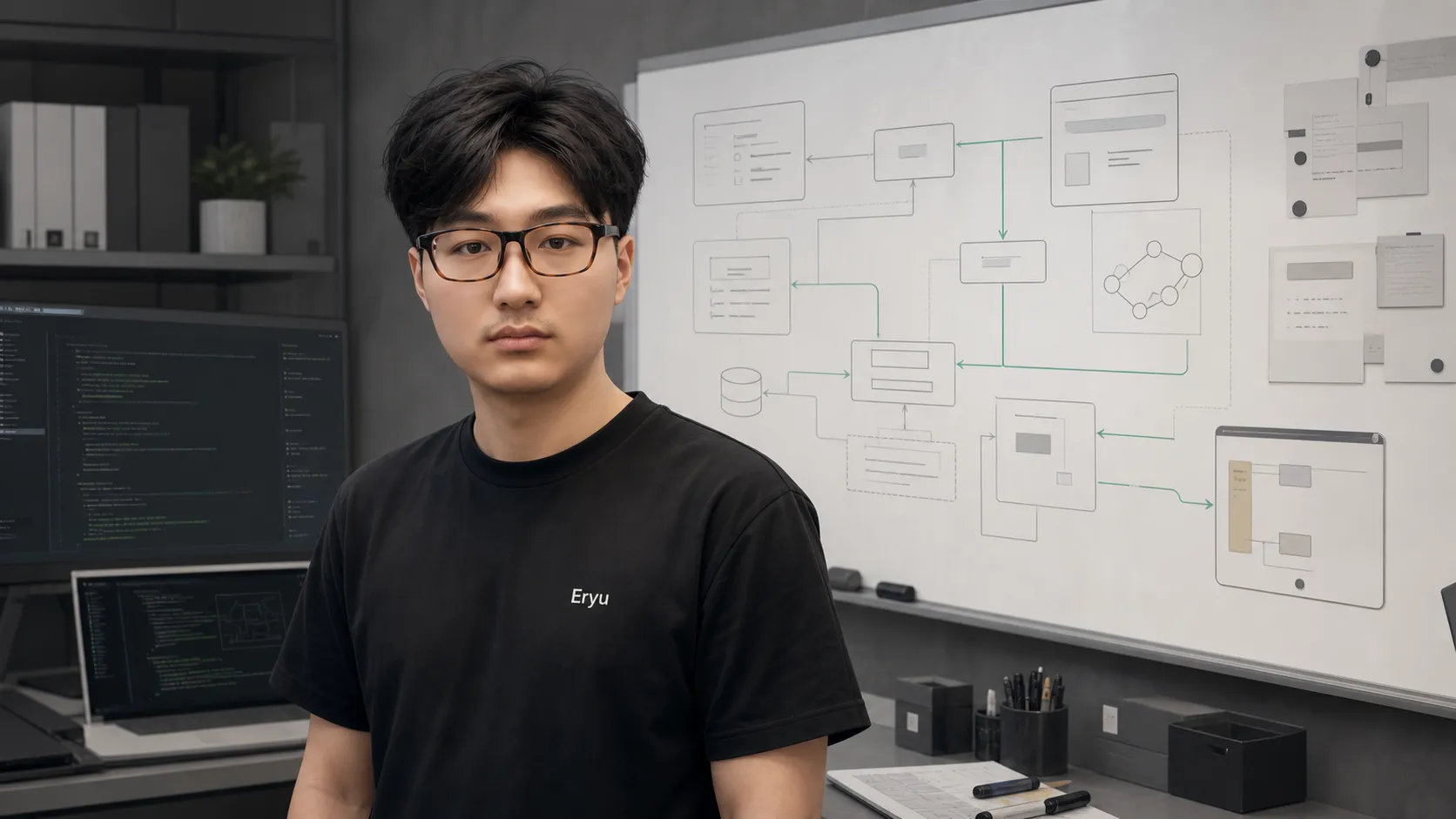 尔玉站在工作台与系统流程白板前